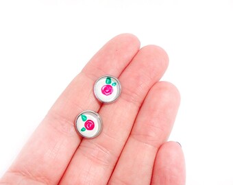 Hand Painted Glass Cabochon Stud Earrings - Rosebuds - Pink Rosebuds and Green Leaves Painted on Glass Cabochons in Silvery Settings