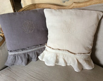 Embroidered 100% linen ruffle pillow and linen veil