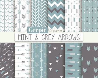 Arrows digital paper: "MINT & GREY ARROWS" backgrounds with arrow patterns, tribal archery, triangles backgrounds in mint and grey colors