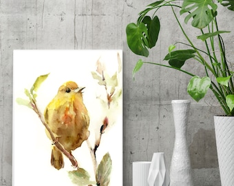 Yellow Warbler bird fine art print, watercolor painting of bird, bird art, yellow bird wall art print