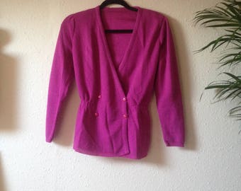 SALE 10% OFF Vintage 1980's Fuchia Pink Wrap Over Double Breasted Jumper Cardigan Sweater Knit V-neck