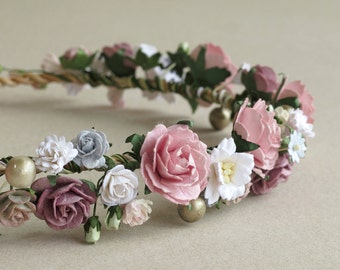Old Rose & Mauve Flower Crown - Paper flower headpiece - Made of mulberry paper and natural twine