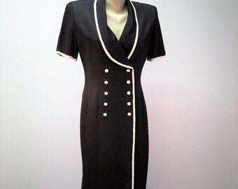 Vintage Black & White Coat Dress / 80s Double Breasted Tuxedo Shawl Collar Dress