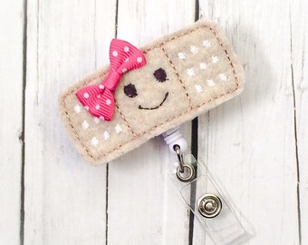 Cute Band-Aid w/ Happy Face Felt Name Badge - Name Badge Holder - Cute Badge Reel - Unique Retractable ID Badge Holder - Felt Badge Reel