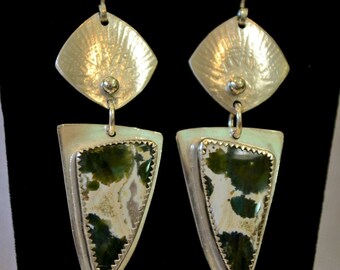 Dark green ocean jasper silver earrings. solid sterling. "August"