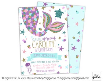 MERMAID INVITATIONS // Mermaid Birthday Invitation // Under the Sea Invitation // Mermaid Birthday Party // Teal // Purple // Gold // Pink