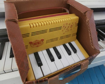 1950-60's, Vintage, Accordion, Emenee Musical Toy Keyboard, Child's Squeeze Box, Original Carrrying Case
