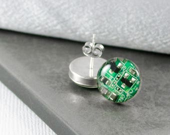 SMALL Green Circuit Board Post Earrings, Sterling Silver Stud Earrings, Wearable Technology, Computer Earrings, Geeky Engineer Gift for Her