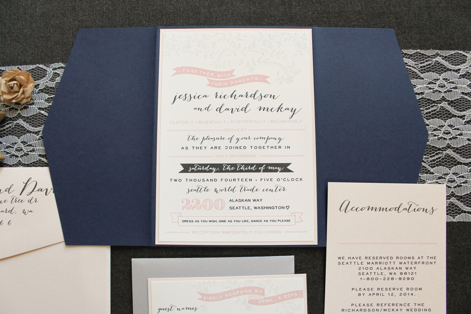 Navy And Blush Wedding Invitation Rustic Wedding Invite Navy And Blush Wedding Invitation Rustic Wedding Invite