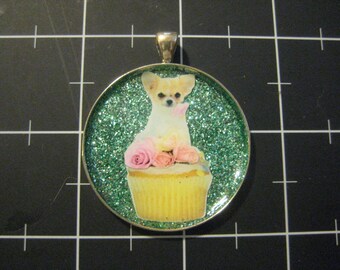 100% Donation Item: Pink Rose Chihuahua Cupcake Pendant, All proceeds go to the current selected animal charity
