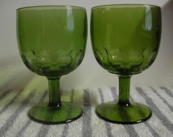 Avocado Green Goblet Stemware Wine Glasses Set Of Two 1960's