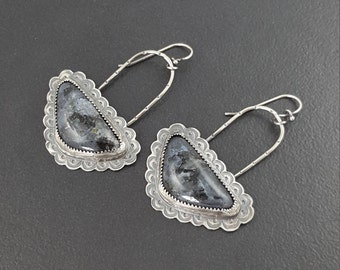 Larvakite Earrings, Norwegian Moonstone earrings, sterling silver, michele grady, dangle earrings,black gray silver, moonstone earrings