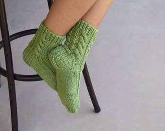 Hand knit socks cable knit socks bed socks light green womens socks gift for her handmade birthday Christmas gift under 35 warm socks