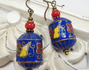 Vintage Cloisonne Earrings Vintage Enamel Flower Earrings RARE 1930s
