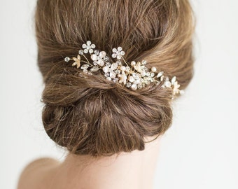 Gold Bridal Comb, Pearl and Crystal Comb, Rose Gold Wedding Hair Comb, Gold Wedding Comb