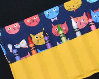 Cats Crayon Roll, birthday party favor, girls birthday, Crayon Holder, stocking stuffer, Easter gift, travel toy crayon organizer kitty cats