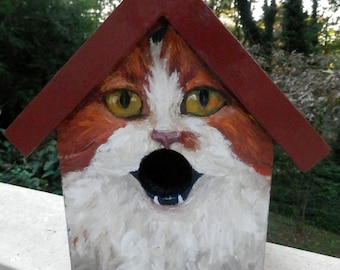 Bird House Hand Painted Custom Orange Cat Design Wood Outdoor