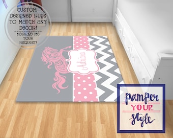 Horse Area Rug - Horse Bedroom - Gray and Pink Horse Rug - Bedroom Decor - Horse Personalzied Rug -