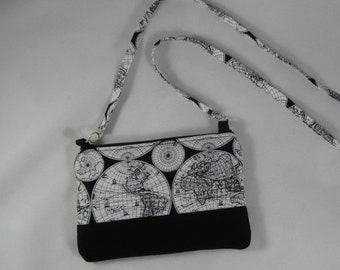 Cross Body Cellphone Purse, world map fabric, ready to ship.