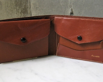 Vintage 1950s Men's Wallet Cowhide Brown Leather Snaps Money Billfold Mid Century Contrast Stitching