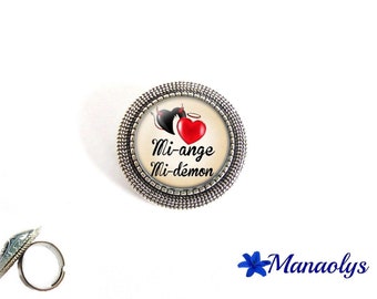ring adjustable antique silver round, mi-ange, half-demon 209 glass cabochons