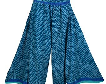 BLUE Vintage Upcycled Silk Sari Divided Long Skirt Smocked High Waist Flare Wide Leg Pant Split Maxi Skirt S/M