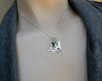 Fawn necklace, Pine tree necklace, Deer and tree necklace, Christmas necklace