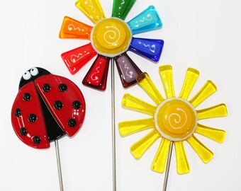 Glassworks Northwest - Flower, Daisy, Ladybug Plant Stakes - Fused Glass Garden Art