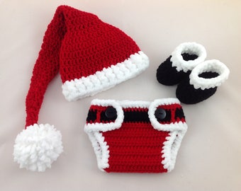Baby Santa Outfit - Crochet Santa Hat Diaper Cover Set - Baby First Christmas - Newborn - Photography Prop - Baby Boy - Baby Girl