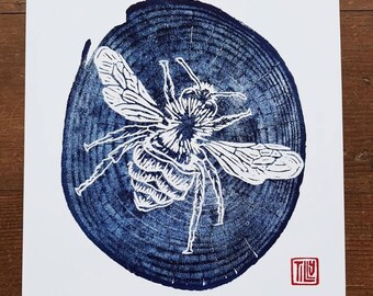 Bee card, woodcut print, woodblock, printmaking, blue print, Japanese woodblock print, birthday, thank you, note card, art card, blank