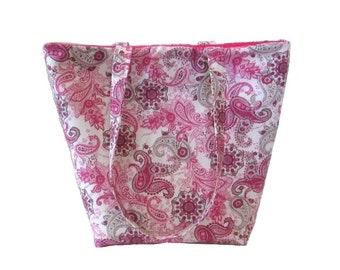 Paisley Tote Bag, Cloth Purse, Pink, Gray, Flowers, Fabric Bag, Handmade Handbag, Shoulder Bag