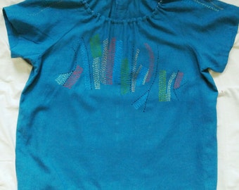 Hand-Embroidered and Sewn, Deep Teal Linen / Rayon Blend, Tunic Top *One-of-a-Kind* Large. Beautiful Comfort