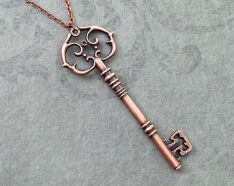 Key Necklace LARGE Skeleton Key Necklace Copper Key Jewelry Steampunk Necklace Victorian Key Charm Key Pendant Necklace Bridesmaid Jewelry