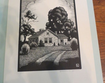 Vintage Herschel C. Logan Woodcut Print Summer Calm Signed Prairie Print Maker