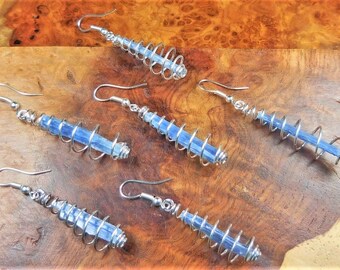 Kyanite Earrings - Blue Crystal Point - Silver Wire Cage Gemstone Earring Hooks Leverback Clip On Jewelry (W20) Healing Crystals And Stones