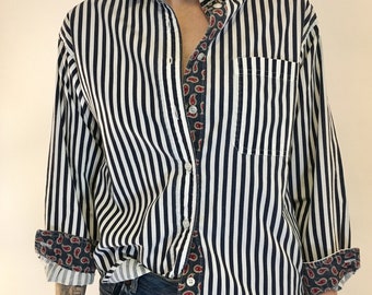 Striped Button Up Blouse With Paisley Detail