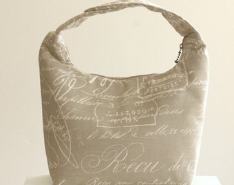 Lunch Bag, Fabric Lunch Tote, Insulated Lunch Bag, Lunch Bag for Women, Work Lunch Bag, Fabric Bento Bag, Cursive Lettering Warm Gray