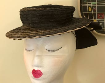 Vintage 1930s 1940s Black Straw and Bow Tilt Hat
