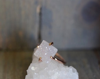 White Druzy Ring. Rose Gold Fill Delicate Ring. White Glitter Iridescent Stone. Square Druzy Rose Gold Ring. Simple Delicate Stackable Stone