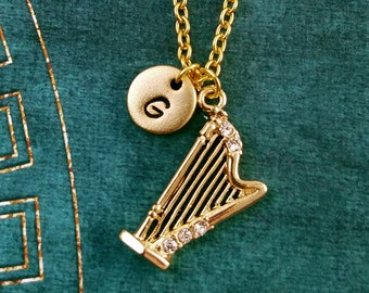 Harp Necklace SMALL Harp Charm Necklace Harp Pendant Rhinestone Harp Jewelry Harpist Gift Music Jewelry Initial Necklace Bridesmaid Necklace