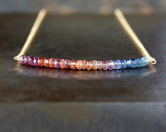 Sapphire Array Bar Necklace, Ombre Jewelry, Genuine Gemstone Color Spectrum, Sapphire Necklace, 14k Gold Filled Chain, Handmade Jewelry