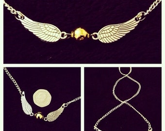 80p UK P&P handmade Snitch inspired Necklace on 20inch chain Tibetan silver Gold silver Wings Fan feather steampunk golden