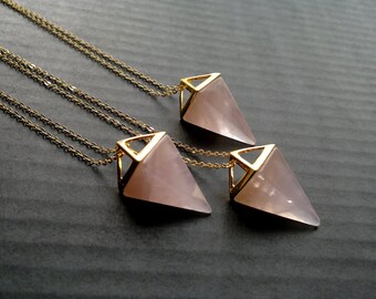 Statement Jewelry Rose Quartz Necklace Triangle Necklace Rose Quartz Pendant Geometric Pendulum Necklace Stone Necklace Rose Quartz Jewelry
