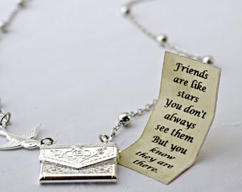 Letter Locket Necklace, Friends are Like Stars Envelope Necklace, Friendship Necklace, Silver Personalized Necklace, Secret Message