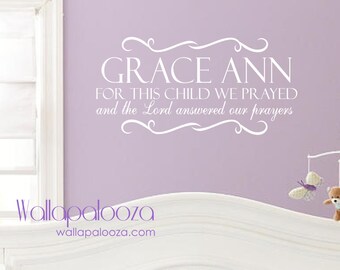 Children's Wall Decal - For this Child We Prayed Wall Decal - Nursery wall art - Custom name wall art - Nursery decor- kid's name wall art
