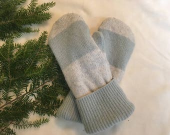 Medium Blue & Cream Stripped Fleece Lined Woolen Mittens
