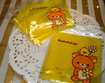 Kawaii Yellow Rilakkuma Bear 10 Adhesive Cello Bags for Gift, Party, Cookies, Candy, Snail Mail, Packing, Pastrys, Diy, Party, Scrapbooking.