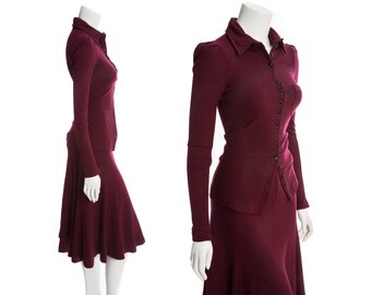 Vintage Betsey Johnson wool two piece dress -- 70s Alley Cat matching skirt and top -- maroon Betsey Johnson outfit -- size xxs / xs