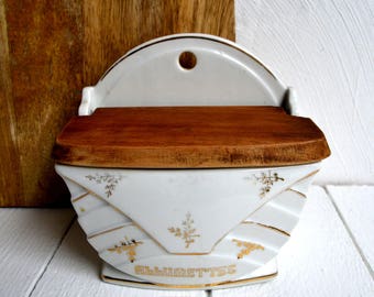 Antique Match Box White & Gold Ceramic Canister For Matches With Wooden Lid Art Deco Allumettes