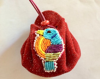 Leather and beads, small leather bag purse